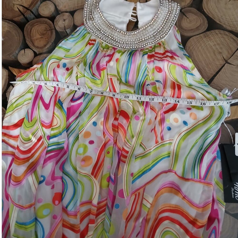 La Femme Paris Silk Rhinestone Faux Pearl Retro tent Dress Colorful Swirls 10 - Picture 5 of 12
